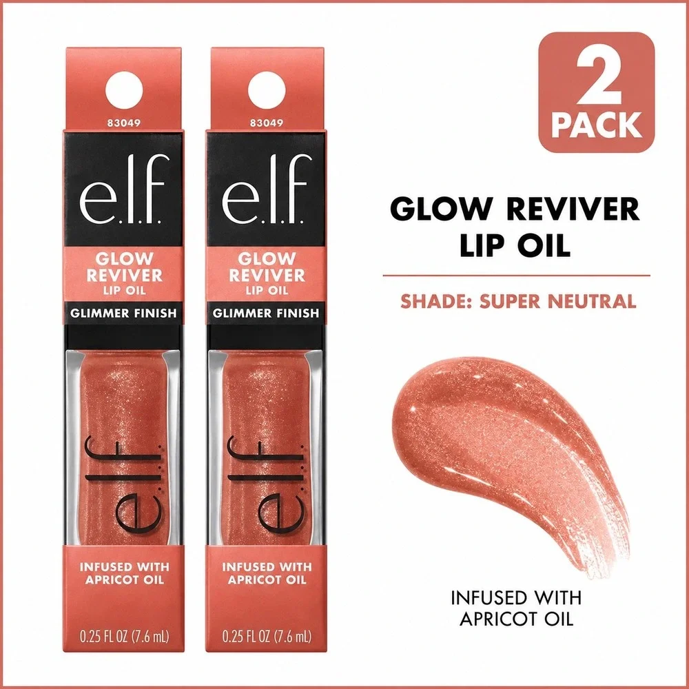 ELF Glow Reviver Lip Oil 2 Pack Super Neutral Glimmer Finish 83049 Tinted 0.25oz